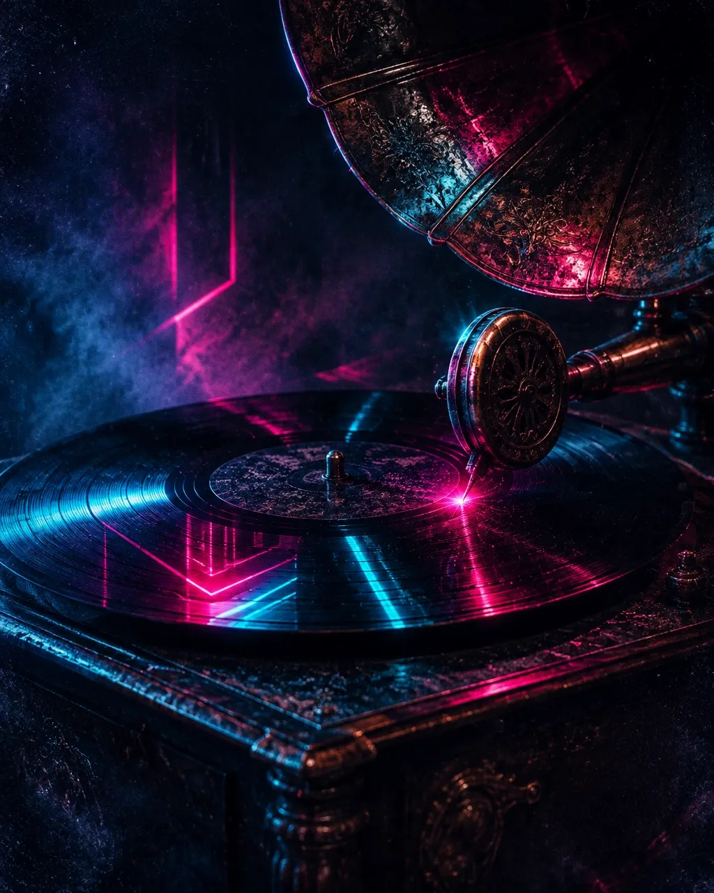Antique brass phonograph under neon blue and magenta lighting, with its needle glowing against a vinyl record